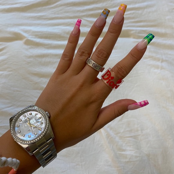 DIOR Lucite Ring Clear Red Hearts Acrylic w Tag & Pouch New Girly - Picture 2 of 12